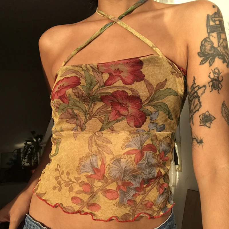 

Summer Ladies Sexy Midriff-baring Camisole Floral Printing Stringy Selvedge Hem Hanging Neck Sleeveless Mesh Tops