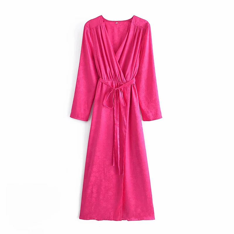 

Женское жаккардовое платье с запахом YENKYE, розово-Красное Длинное Платье-трапеция с запахом, V-образным вырезом и длинным рукавом, повседневн...