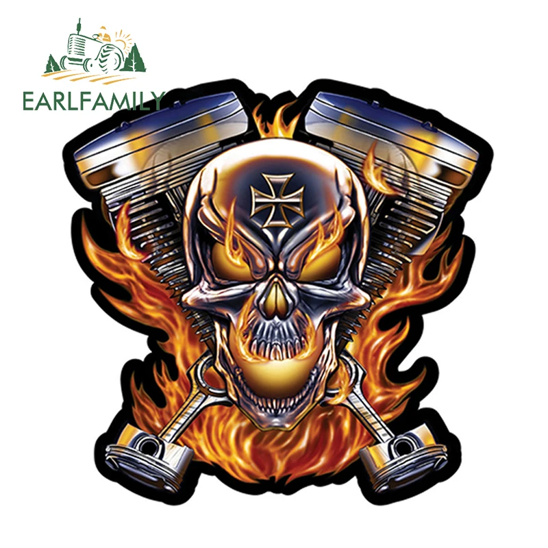 Наклейка EARLFAMILY 12 см x Biker Skull Flames Engine на окно автомобиля, ноутбука, ящика инструментов или мотоцикла.