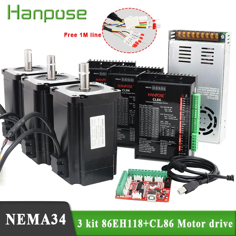 

3 axis cnc kit nema34 stepper motor Closed Loop 12N 8N 4N 86EH118A6001+CL86 Driver 48V 360W Power Supply Hybrid Step-servo motor