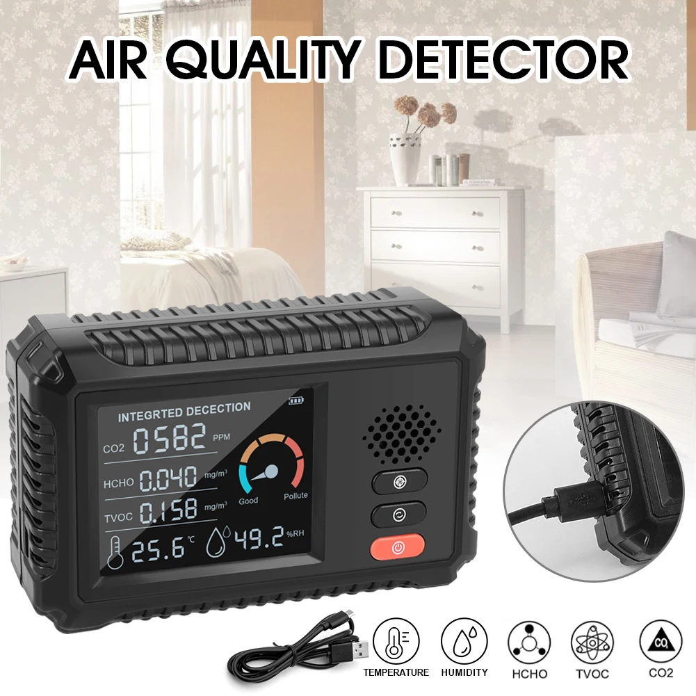 Air Quality Monitor Multifunctional CO2 TVOC HCHO Detector Digital Temperature Humidity Sensor Real Time Data Air Gas Tester
Air Quality Monitor Multifunctional CO2 TVOC HCHO Detector Digital Temperature Humidity Sensor Real Time Data Air Gas Tester