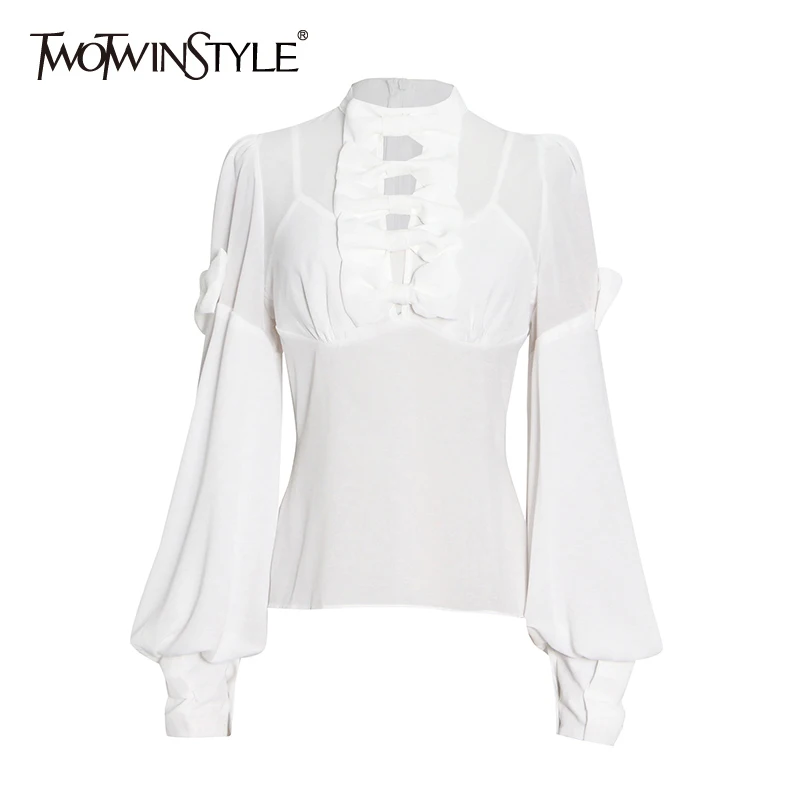 TWOTWINSTYLE White Casual Hollow Out Shirt For Women Turtleneck Lantern Sleeve Patchwork Bowknow Shirts Female 2021 Clothing New
TWOTWINSTYLE White Casual Hollow Out Shirt For Women Turtleneck Lantern Sleeve Patchwork Bowknow Shirts Female 2021 Clothing New