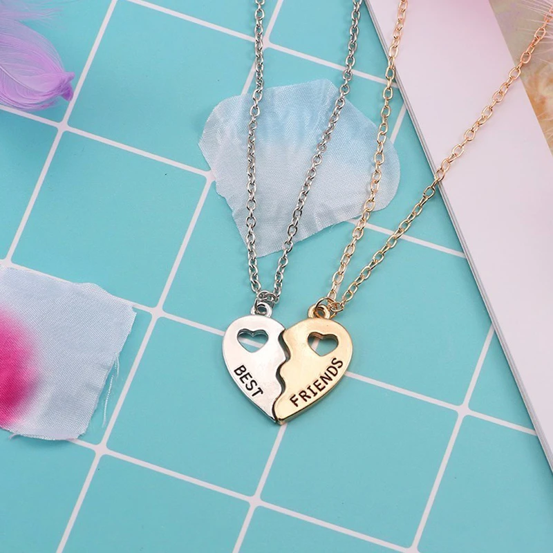 Cute Hollow Broken Hearts Necklace Best Friends Forever Pendant Gold Silver 2Pcs Set Lovers' Handmade Jewelry Birthday Gifts |