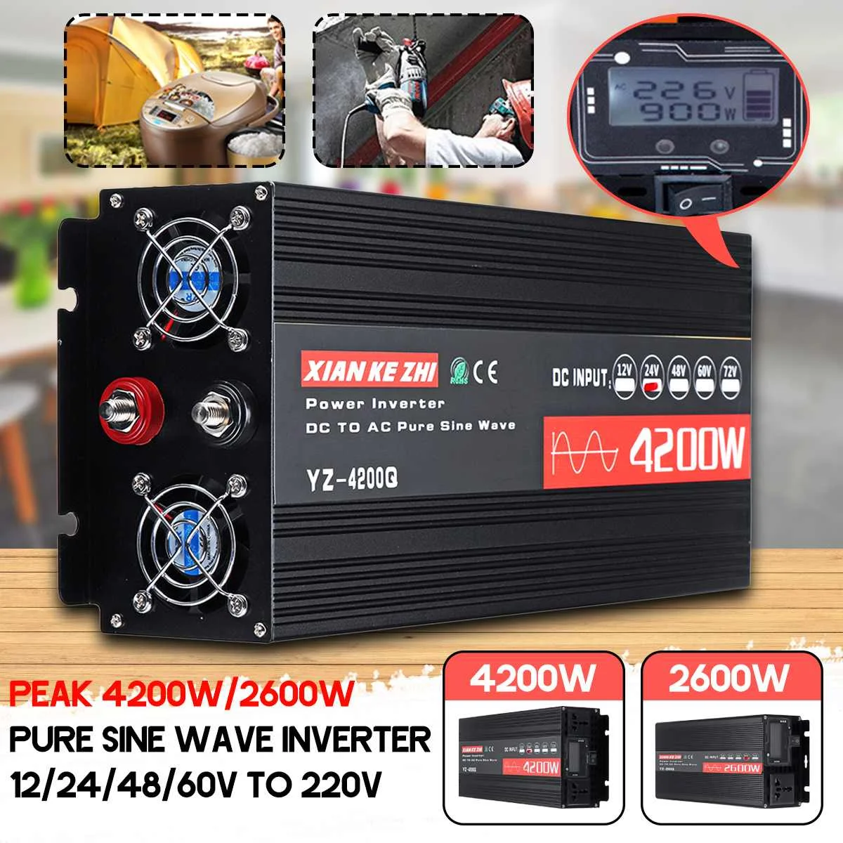 Inverter Pure Sine Wave 2600/4200W 12V/24V 220V Voltage transformer Car Power Inverter DC12V to AC 220V Converter+LCD Display
Inverter Pure Sine Wave 2600/4200W 12V/24V 220V Voltage transformer Car Power Inverter DC12V to AC 220V Converter+LCD Display