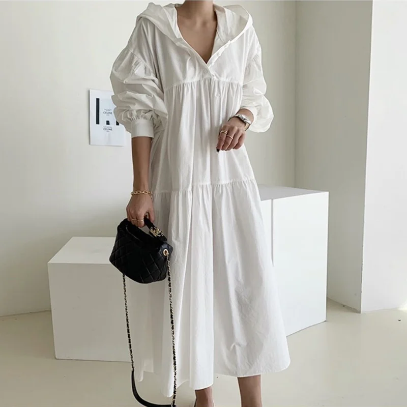 New 2021 Women Summer Autunm Dress Oversize Hooded High Waist Korean Elegant Vintage Pleated White Long Dress E800
New 2021 Women Summer Autunm Dress Oversize Hooded High Waist Korean Elegant Vintage Pleated White Long Dress E800