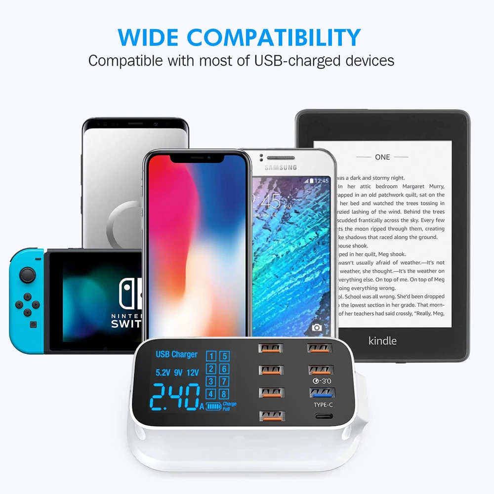 Multiple USB Charger 50W 8-Port Desktop Charging Station Quick Charge 3.0 TYPE-C LCD Display Power Adapter for iPhone Huawei
Multiple USB Charger 50W 8-Port Desktop Charging Station Quick Charge 3.0 TYPE-C LCD Display Power Adapter for iPhone Huawei