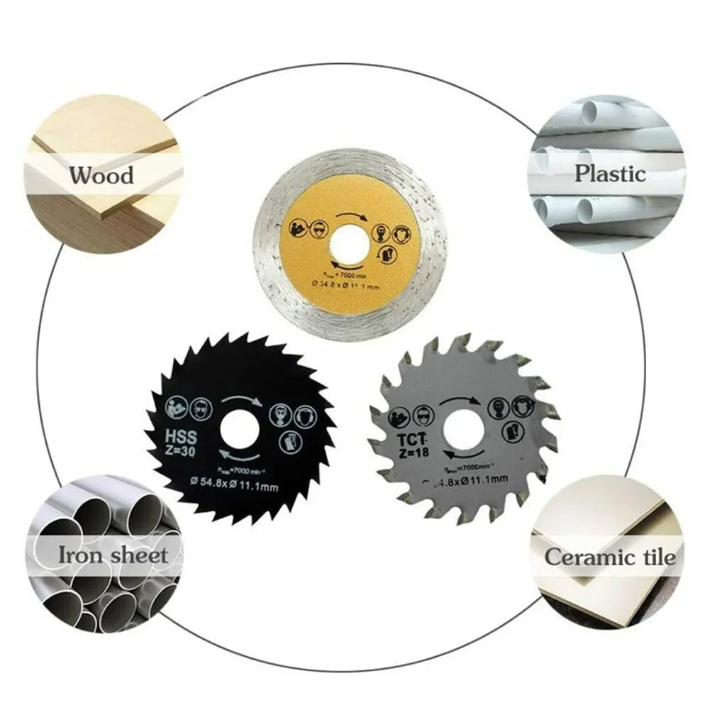 3PCS HSS 54.8mm Mini Wood Circular Saw Blade Cutting Rotary Tool+Mandrel Kit For Ceramic Cutting Wood/Metal
3PCS HSS 54.8mm Mini Wood Circular Saw Blade Cutting Rotary Tool+Mandrel Kit For Ceramic Cutting Wood/Metal
