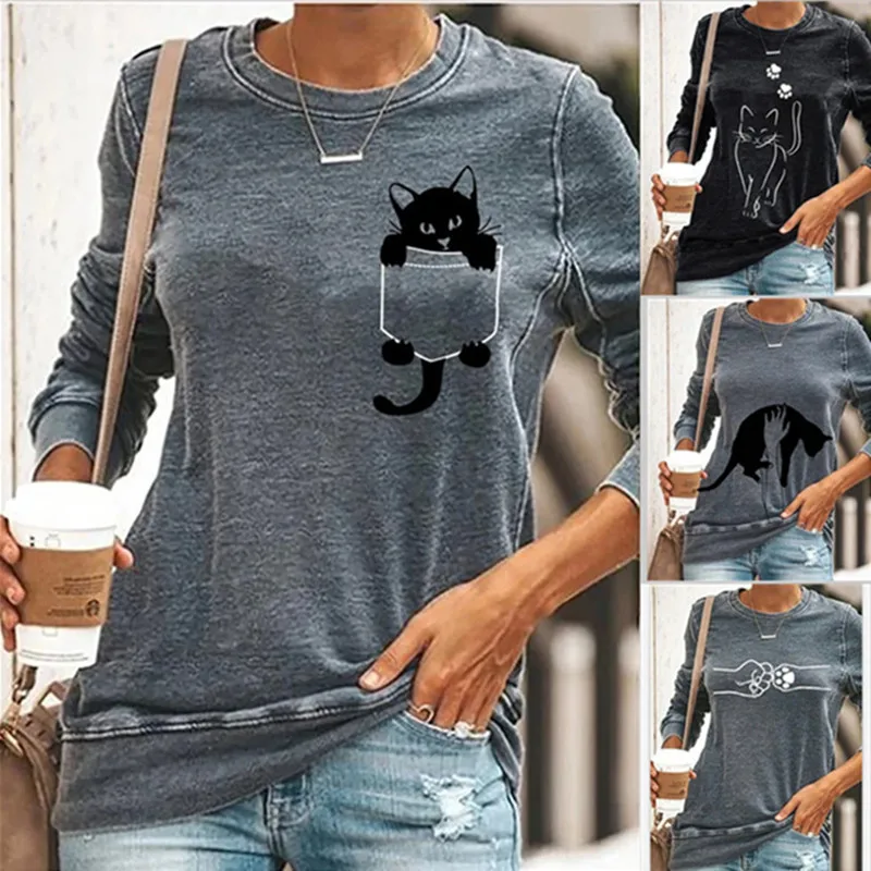 New Cute Cat Print Long Sleeve Round Neck Pullover Women's T-shirt Casual All-Match Novel T-shirts Women Cotton Black Gray Tops
New Cute Cat Print Long Sleeve Round Neck Pullover Women's T-shirt Casual All-Match Novel T-shirts Women Cotton Black Gray Tops