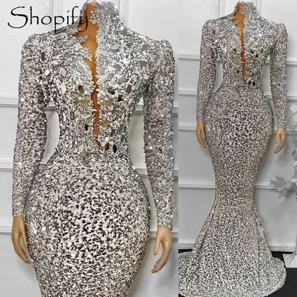 Long Sexy Evening Dresses 2022 High Neck Long Sleeve Sparkly Silver Sequined Crystals Formal Women Gowns
Long Sexy Evening Dresses 2022 High Neck Long Sleeve Sparkly Silver Sequined Crystals Formal Women Gowns