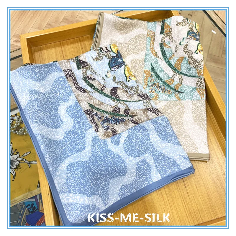 

KMS Romantic Blue Scarf 100% Twill Silk Hand Rolled Edges Sand-Washed Soft Skin-friendly Shawl Wrap Hijabs 140*140cm/95g