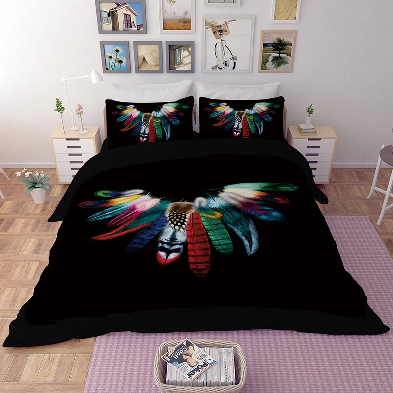 Colourful Feathers Bedding Set Indian Boho Duvet Cover Black pillowcase Bedclothes Queen king single double Size quilt cover set