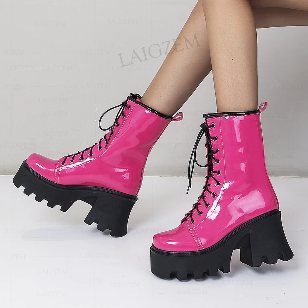 LAIGZEM Ankle Boots 9CM Thick Heels Lace Up Waterproof Comfortable Basic Ladies Shiny Women Shoes Botas Mujer Big Size 36 38 43
LAIGZEM Ankle Boots 9CM Thick Heels Lace Up Waterproof Comfortable Basic Ladies Shiny Women Shoes Botas Mujer Big Size 36 38 43