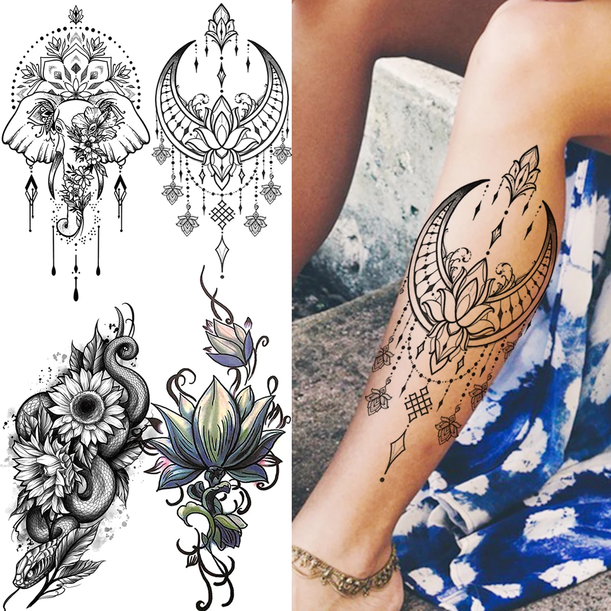 Moon Pendant Calf Sexy Temporary Tattoos For Women Adult Elephant Henna Snake Fake Tattoo Sticker Realistic Body Art Tatoo Paper
Moon Pendant Calf Sexy Temporary Tattoos For Women Adult Elephant Henna Snake Fake Tattoo Sticker Realistic Body Art Tatoo Paper