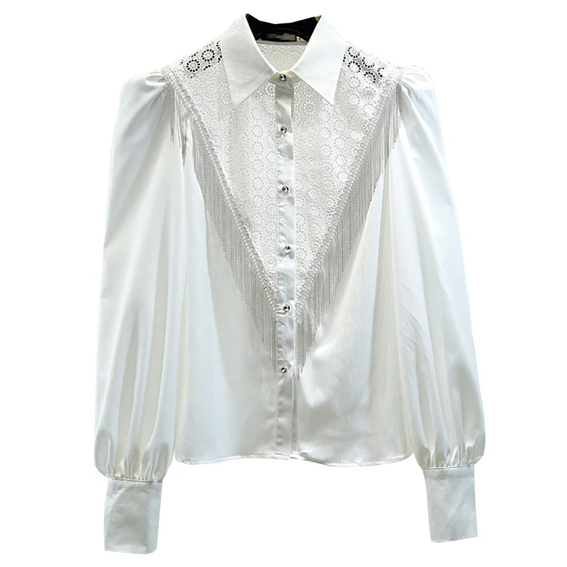 New Trendy White Shirt Office Lady Lace Patched Hollow Out Buttons Black Fall Tops Fashion Tassels Women Blouse
New Trendy White Shirt Office Lady Lace Patched Hollow Out Buttons Black Fall Tops Fashion Tassels Women Blouse