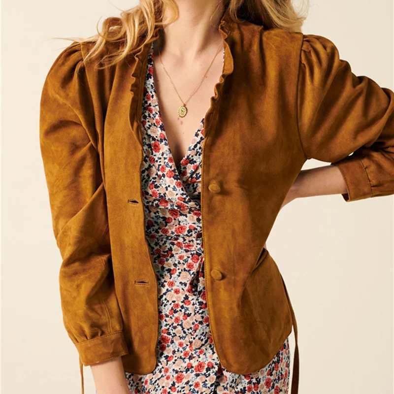 Women Fashion Faux Leather Jacket Lady Single-Breasted Waist Lace-Up Coat Female Frill Trim V-Neck Outwear Tops
Women Fashion Faux Leather Jacket Lady Single-Breasted Waist Lace-Up Coat Female Frill Trim V-Neck Outwear Tops