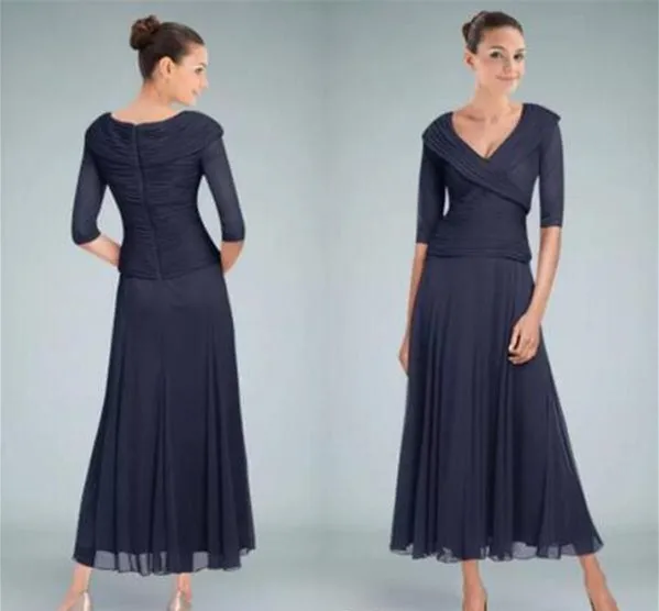 

Navy Blue Tea Length Mother of the Bride Dresses with Sleeve V Neck Ruched Modest Groom Wedding Guest Dress