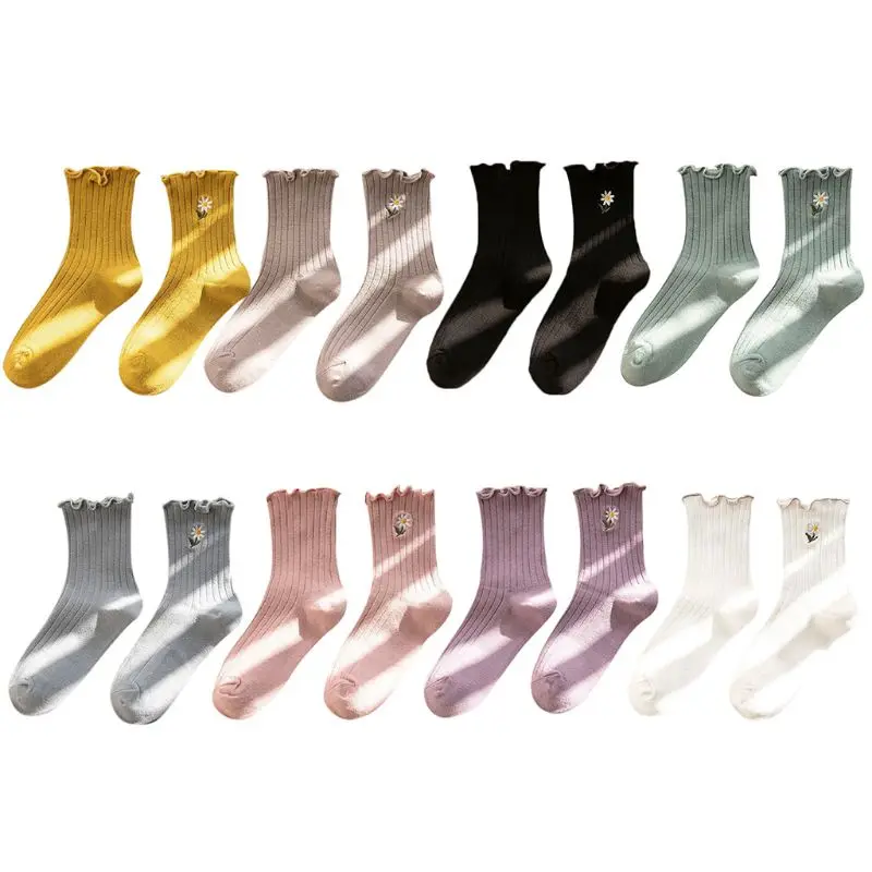 Japanese Women Girls Daisy Floral Embroidery Ankle Socks Candy Color Ruffles Cuffs Ribbed Vertical Striped Casual Mid Tube Hosie
Japanese Women Girls Daisy Floral Embroidery Ankle Socks Candy Color Ruffles Cuffs Ribbed Vertical Striped Casual Mid Tube Hosie