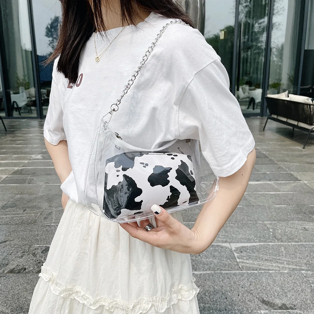 Women Cow Print Transparent Shoulder Bag Leopard Zebra Pattern PVC Underarm Bags Female Chain Bag Beach Jelly 2pc Composite Bags
Women Cow Print Transparent Shoulder Bag Leopard Zebra Pattern PVC Underarm Bags Female Chain Bag Beach Jelly 2pc Composite Bags