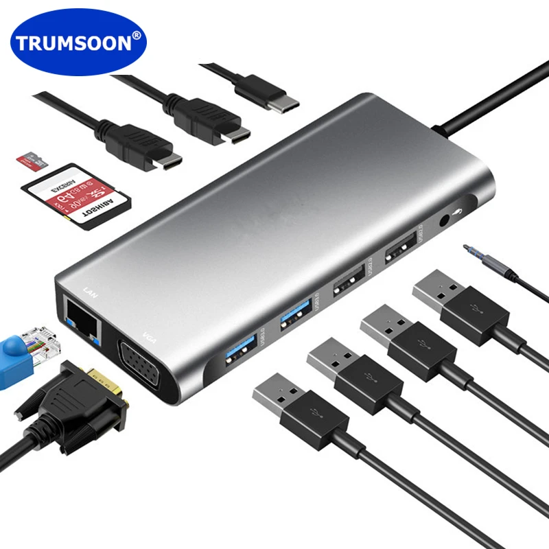 

TRUMSOON Type-C to Gigabit RJ45 Lan HDMI-compatible VGA USB C 3.0 SD TF Card Reader for MacBook Samsung DEX Xiaomi 10 monitor TV