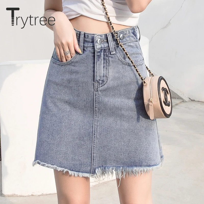 

Trytree 2021 Summer Casual Woman Denim Shorts Skirt High Waist Button Fly Pockets Burrs Hem Vintage Blue A-line Mini Skirt Women