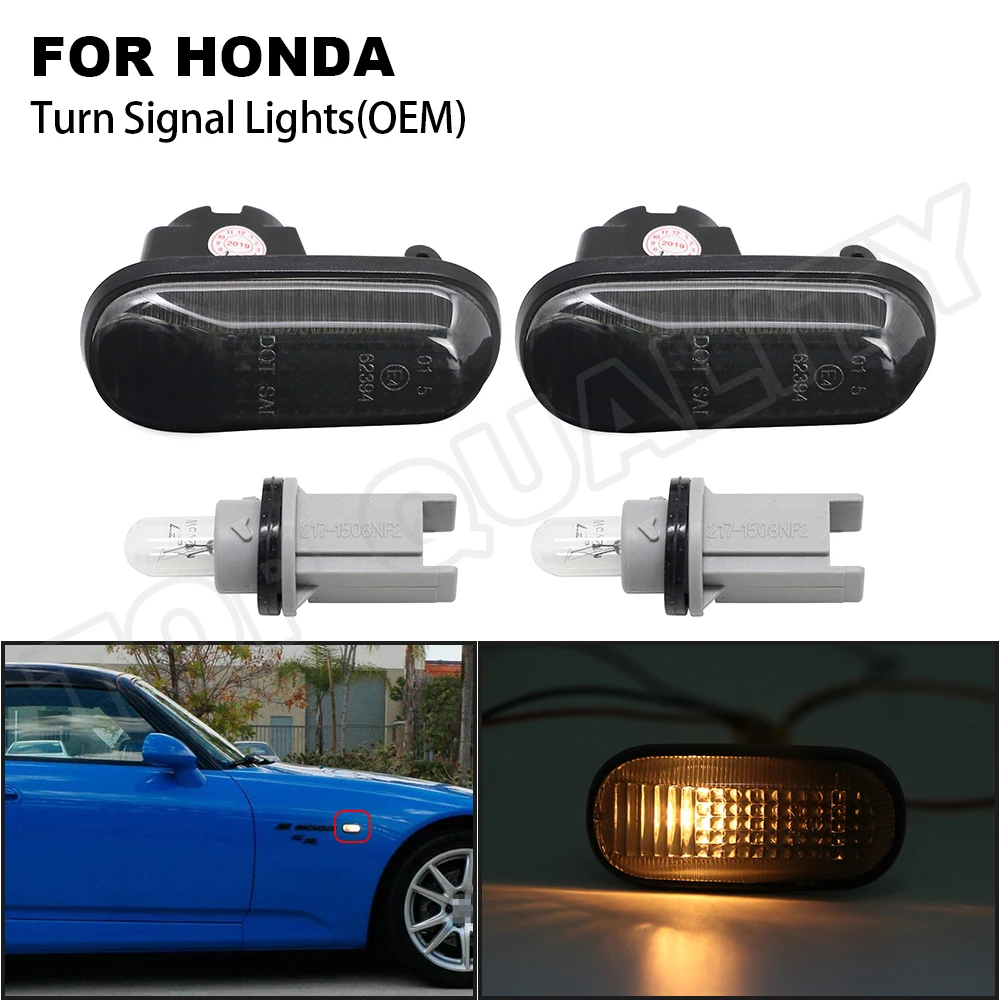 

2X For Honda S2000 Accord Civic Prelude 1985-2001 CRX 1988-1991 Fit 2007-2010 Halogen Bulbs OE/LED Side Marker Lamp Smoke Clear