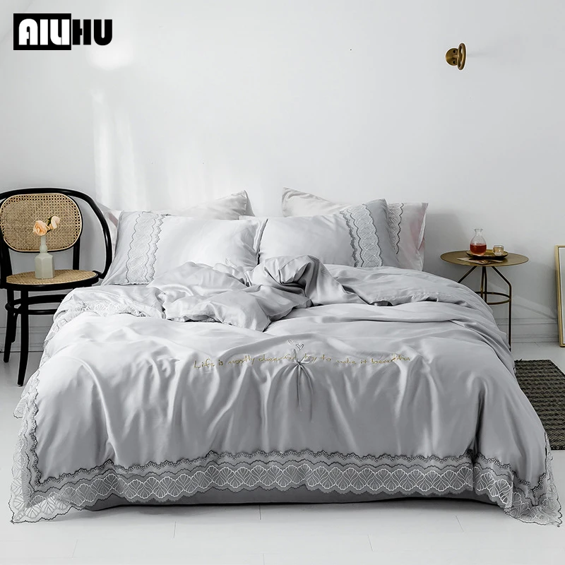 Solid Color Lace Embroidery Ice Silk High Quality Lyocell Fiber Silky Soft Duvet Cover Home US King Queen Size Bedding Set 4Pcs
Solid Color Lace Embroidery Ice Silk High Quality Lyocell Fiber Silky Soft Duvet Cover Home US King Queen Size Bedding Set 4Pcs