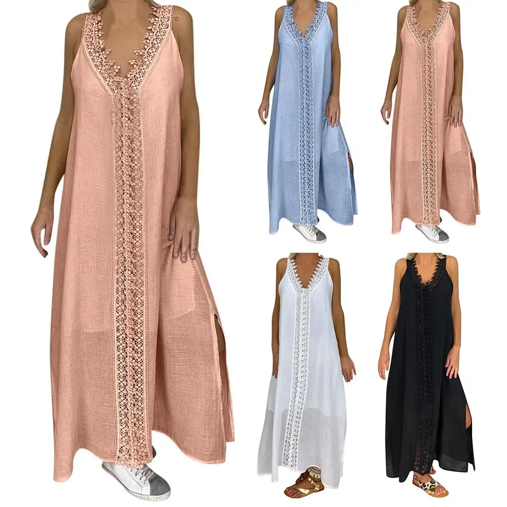 Women Solid Color V Neck Sleeveless Lace Patchwork Slitting Hem Long Vest Dress Summer Dresses Female Holiday Beach
Women Solid Color V Neck Sleeveless Lace Patchwork Slitting Hem Long Vest Dress Summer Dresses Female Holiday Beach