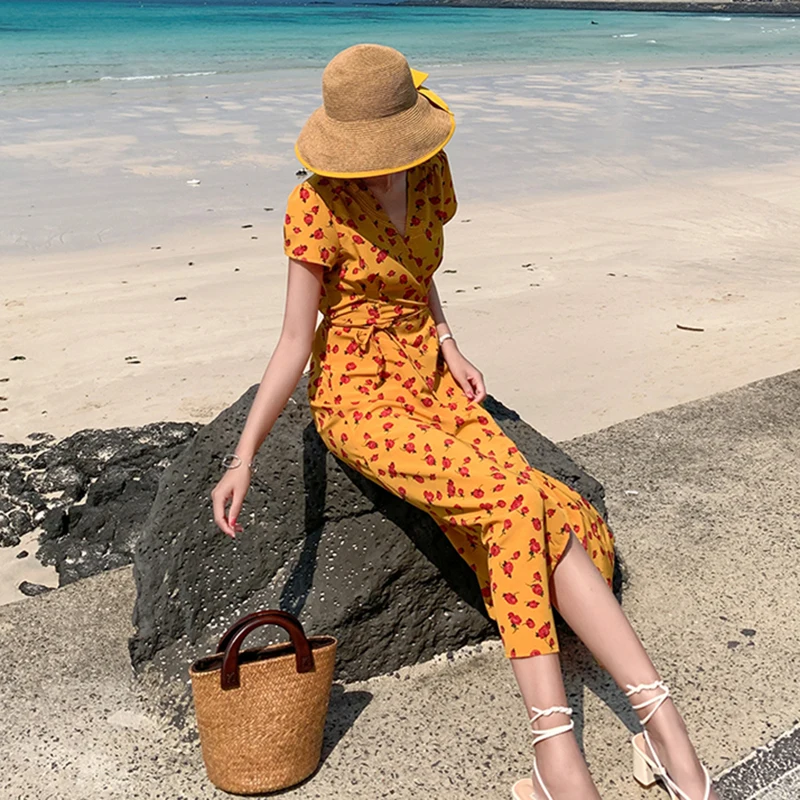 Summer Women Floral Print Slim Yellow Dress Vintage Korean Runway Vestidos Fairy Boho Elegant Vacation Tropical Long Beach Dress
Summer Women Floral Print Slim Yellow Dress Vintage Korean Runway Vestidos Fairy Boho Elegant Vacation Tropical Long Beach Dress