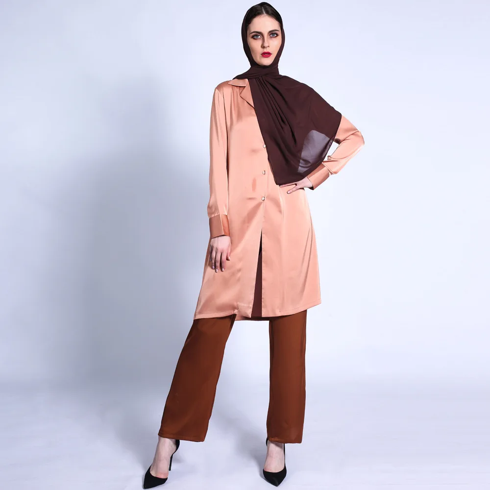 Color Block Muslim Women 2 Pieces Outfits Arabic Islamic Sets 2021 Fashion Long Jackets Lapel Collar Loose Pants OL Style Satin
Color Block Muslim Women 2 Pieces Outfits Arabic Islamic Sets 2021 Fashion Long Jackets Lapel Collar Loose Pants OL Style Satin