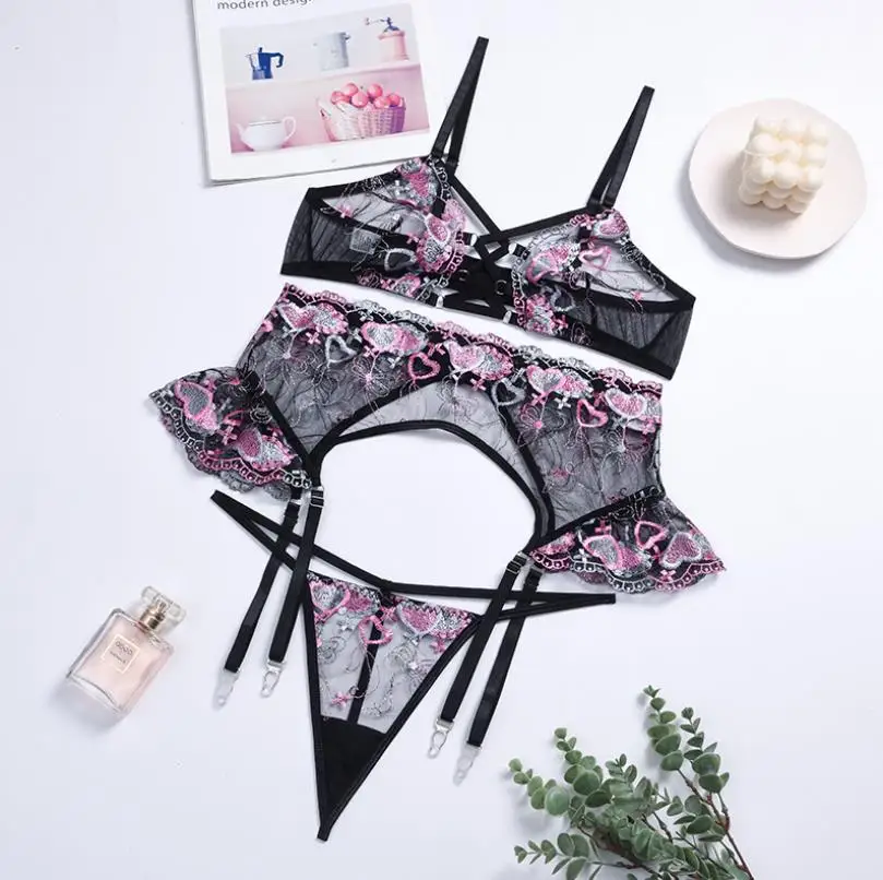 New Women Lingerie Set Floral Embroidery Sheer Mesh Spaghetti Strap Bra + Thongs + Waistband Garters Suit for Valentine's Day
New Women Lingerie Set Floral Embroidery Sheer Mesh Spaghetti Strap Bra + Thongs + Waistband Garters Suit for Valentine's Day