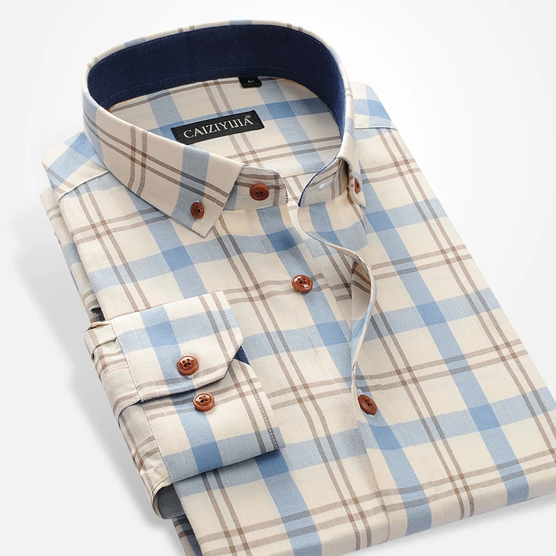

Men's 100% Cotton Long Sleeve prince of wales check Shirt Pocket-less Design Casual Standard-fit Button Down Gingham Shirts