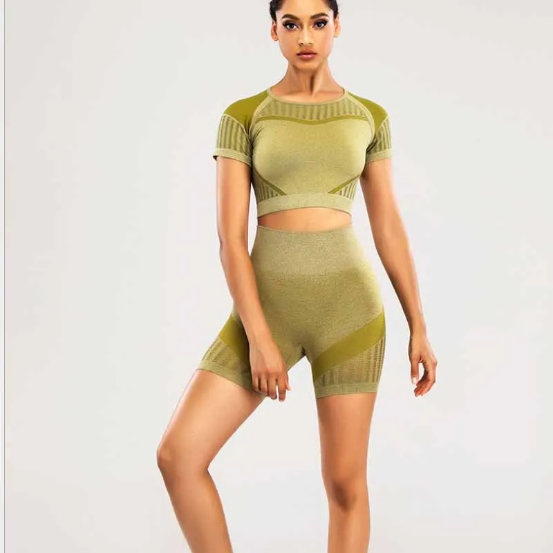 New Seamless Yoga Set High Waist Stretch Mesh Fitness Breathable Leggings Shorts Suit Women's Tracksuit Crop Top Short Sleeve
New Seamless Yoga Set High Waist Stretch Mesh Fitness Breathable Leggings Shorts Suit Women's Tracksuit Crop Top Short Sleeve