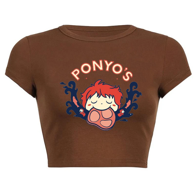 Летние футболки с коротким рукавом Kawaii Ponyo мультяшным принтом Harajuku коричневый