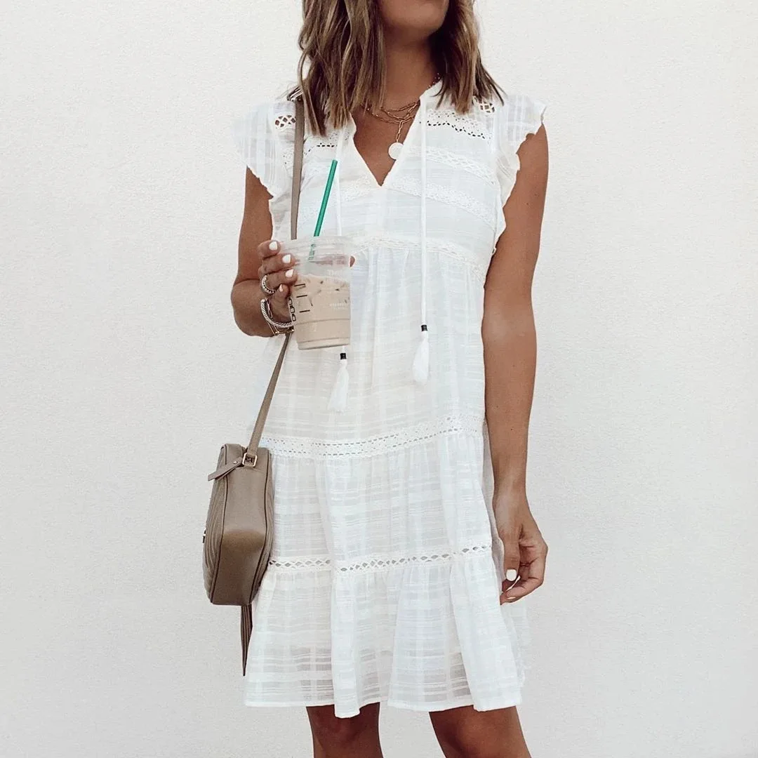 Women Tassel Dress Summer V Neck Ladies Beach Dress A-Line Lotus Leaf Short Sleeve Solid Color Mini Dress Ladies Dresses
Women Tassel Dress Summer V Neck Ladies Beach Dress A-Line Lotus Leaf Short Sleeve Solid Color Mini Dress Ladies Dresses