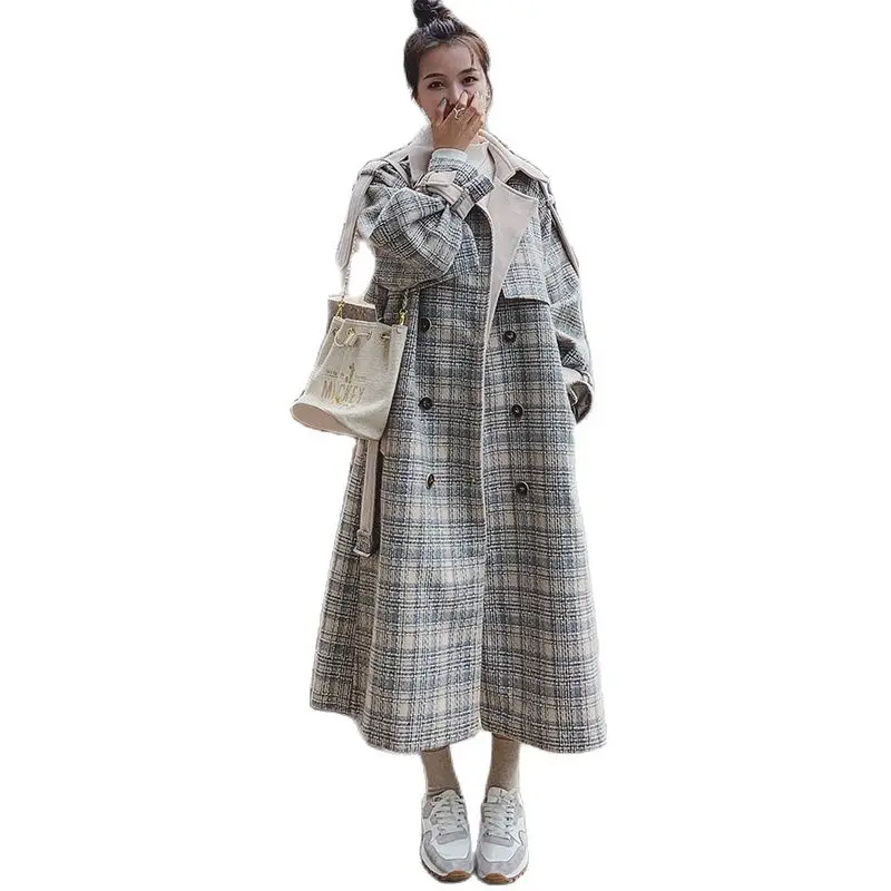 

Женское шерстяное пальто в клетку, Корейская свободная утепленная двубортная модная женская куртка с лацканами, винтажная одежда с поясом, ...