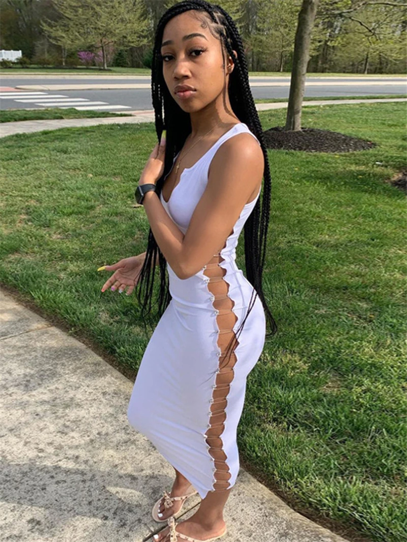 2021 Sexy Hollow Out Solid Ribbed Summer Dress for Women U Neck Sleeveless Mini Bandage Dresses Female Casual Vestidos Robes
2021 Sexy Hollow Out Solid Ribbed Summer Dress for Women U Neck Sleeveless Mini Bandage Dresses Female Casual Vestidos Robes