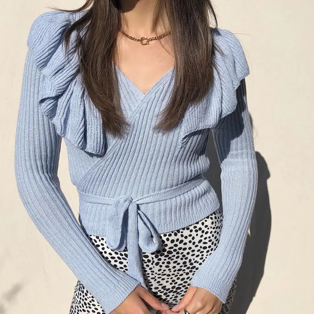 Fashion Spring Autumn Women V Neck Long Sleeve Ruffles Knitted Sweater Bandage Pullover
Fashion Spring Autumn Women V Neck Long Sleeve Ruffles Knitted Sweater Bandage Pullover