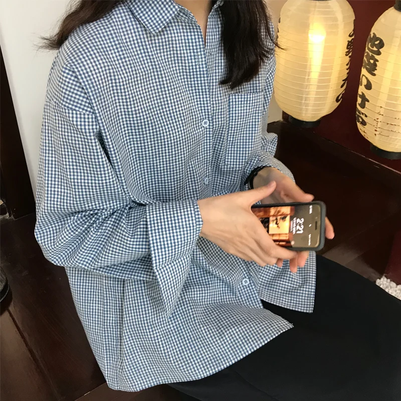Summer Long Sleeve Loose Vintage Blouse Shirt Women Cotton Blue Plaid Shirts Female Pockets Tops Autumn 2020 New
Summer Long Sleeve Loose Vintage Blouse Shirt Women Cotton Blue Plaid Shirts Female Pockets Tops Autumn 2020 New
