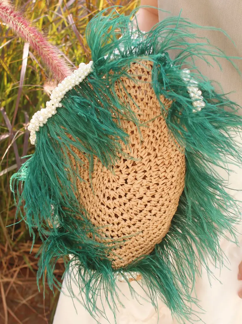Hand Woven Straw Pearl Handbags Women New Luxury Customized Natural Ostrich Feather Knitting Beach Bag Women Holiday Travel Tote
Hand Woven Straw Pearl Handbags Women New Luxury Customized Natural Ostrich Feather Knitting Beach Bag Women Holiday Travel Tote