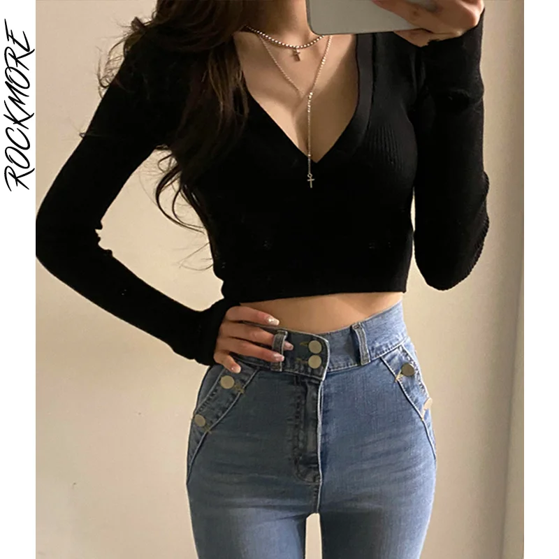 Rockmore Solid Knitted Crop Top Women Harajuku Long Sleeve T-Shirt Autumn Casual Slim V Neck Pullovers Tees T Shirts Korean
Rockmore Solid Knitted Crop Top Women Harajuku Long Sleeve T-Shirt Autumn Casual Slim V Neck Pullovers Tees T Shirts Korean