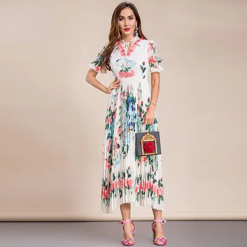 2021 Fashion Designer Summer Vintage Midi Dress Women Puff sleeve Pleated Floral print Bead Elegant Holiday Dress
2021 Fashion Designer Summer Vintage Midi Dress Women Puff sleeve Pleated Floral print Bead Elegant Holiday Dress