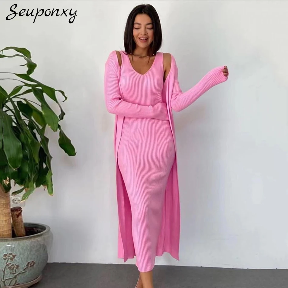 High Quality Women'S Autumn 2022 Solid Color Knit 2 Two-Piece Long Cardigan Sexy V-Neck Slim Long Sweater Dress Cardigan Set
High Quality Women'S Autumn 2022 Solid Color Knit 2 Two-Piece Long Cardigan Sexy V-Neck Slim Long Sweater Dress Cardigan Set