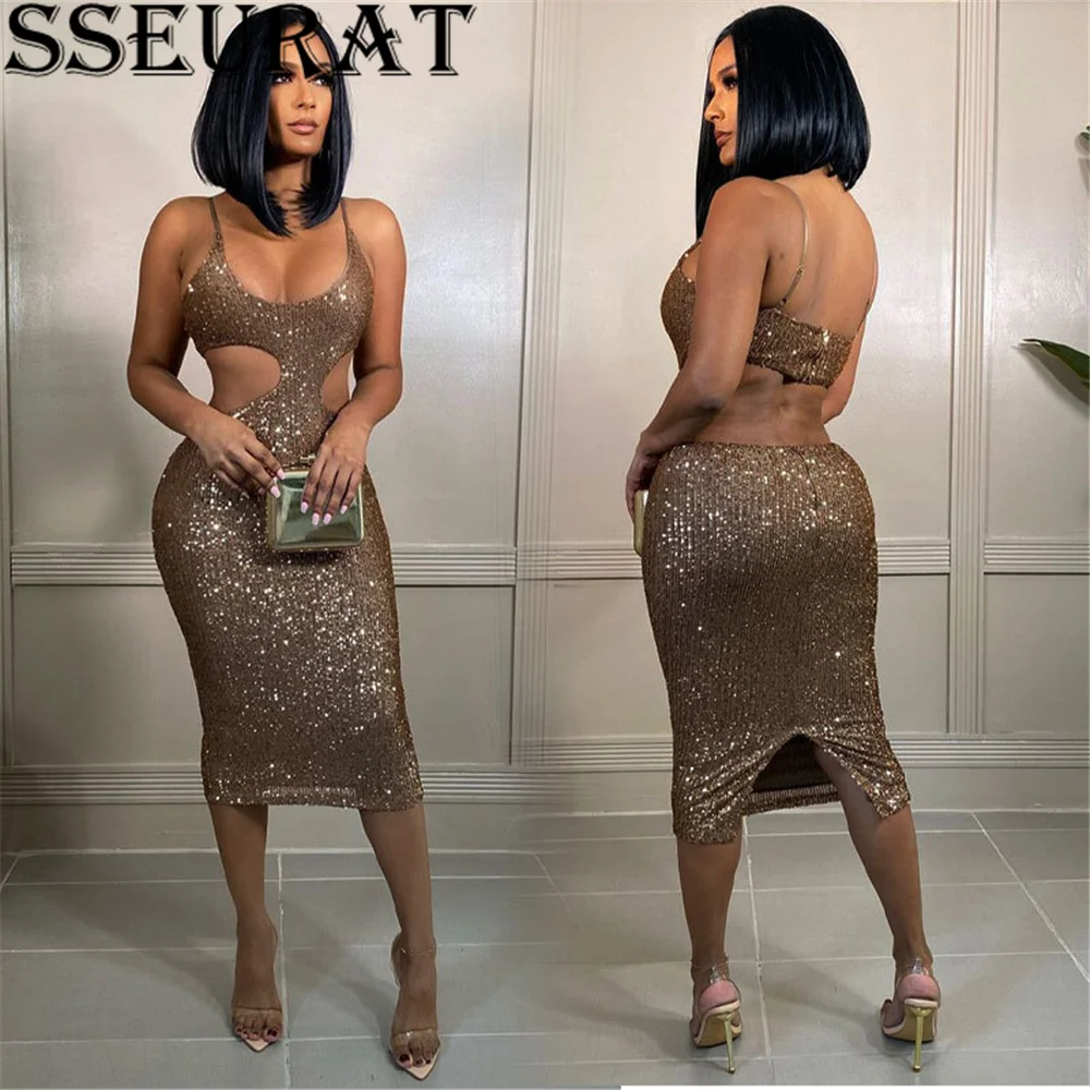 SSEURAT Women Spaghetti Strap Backless Sequined Midi Dress Sexy Sleeveless Party Club Dress
SSEURAT Women Spaghetti Strap Backless Sequined Midi Dress Sexy Sleeveless Party Club Dress