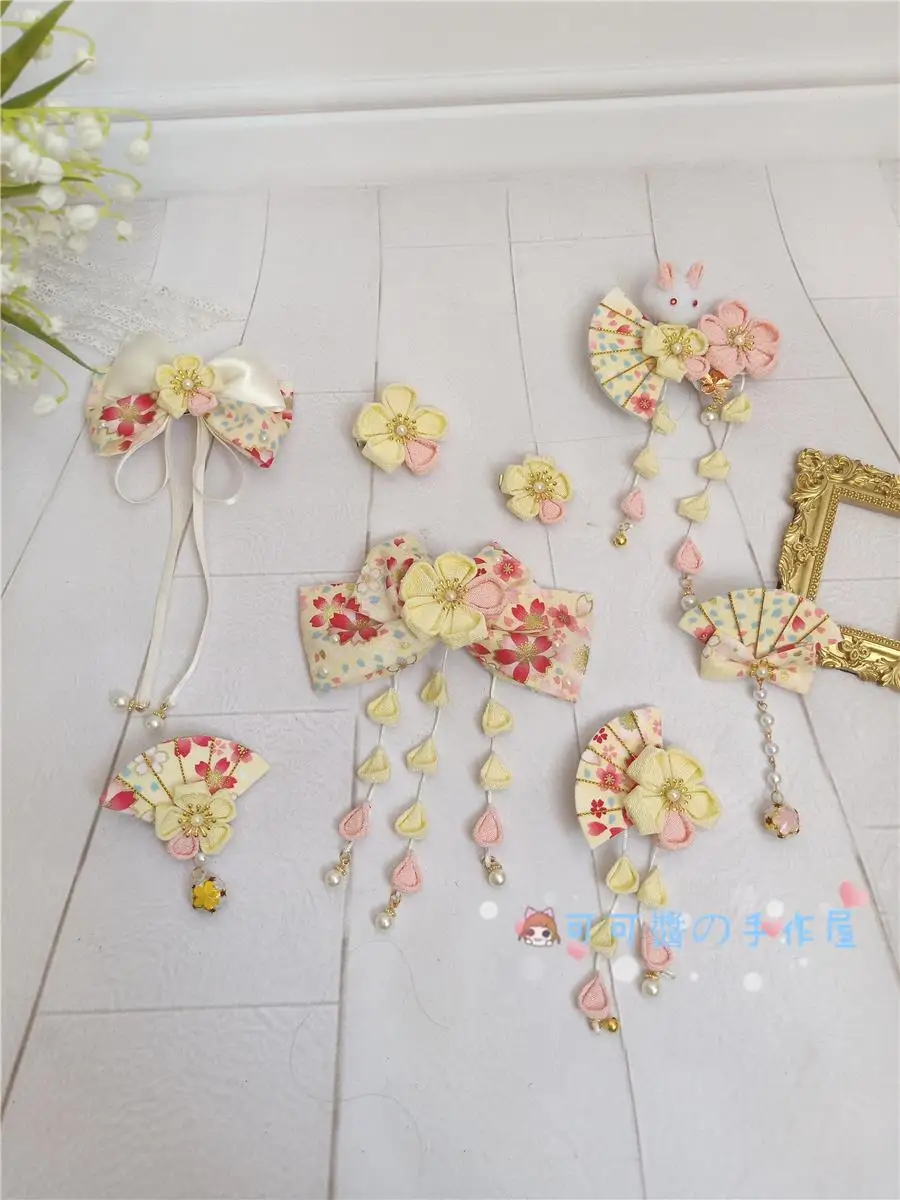 

Japanese and Cherry Blossoms Hair Kimono Bathrobe Rabbit Bow Hairclip Yellow Fan Lolita Antique Edge Clamp