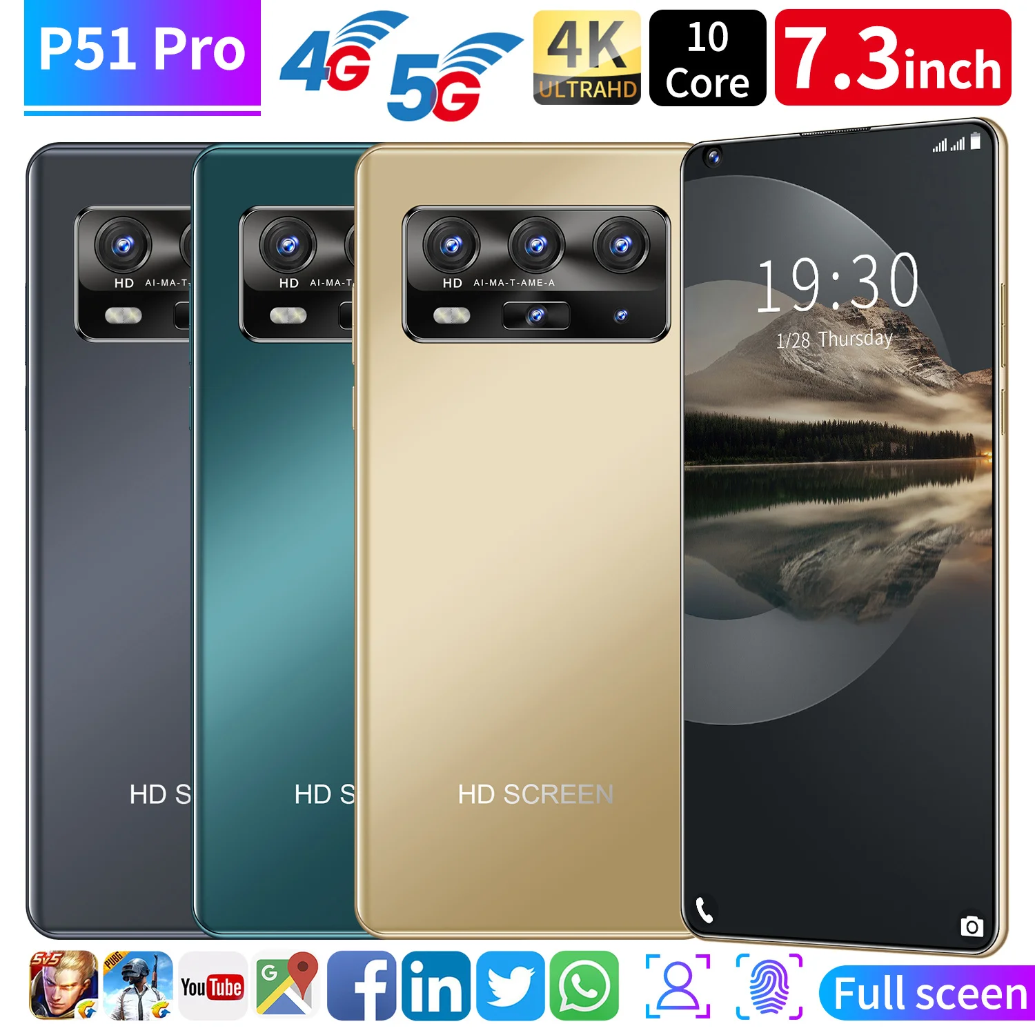 Newest Smartphone P51 Pro 7.3Inch 12 512GB Waterdrop HD Big Screen Cellphones Android 10 5600mAh Global Mobile 4G 5G LTE Network
Newest Smartphone P51 Pro 7.3Inch 12 512GB Waterdrop HD Big Screen Cellphones Android 10 5600mAh Global Mobile 4G 5G LTE Network
