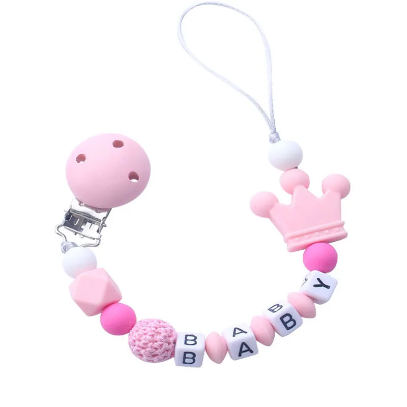 

1pcs Pink Silicone Personalised Name Baby Pacifier Clips Crochet Beads Silicone Crown Pacifier Chain Holder Baby Shower Gift