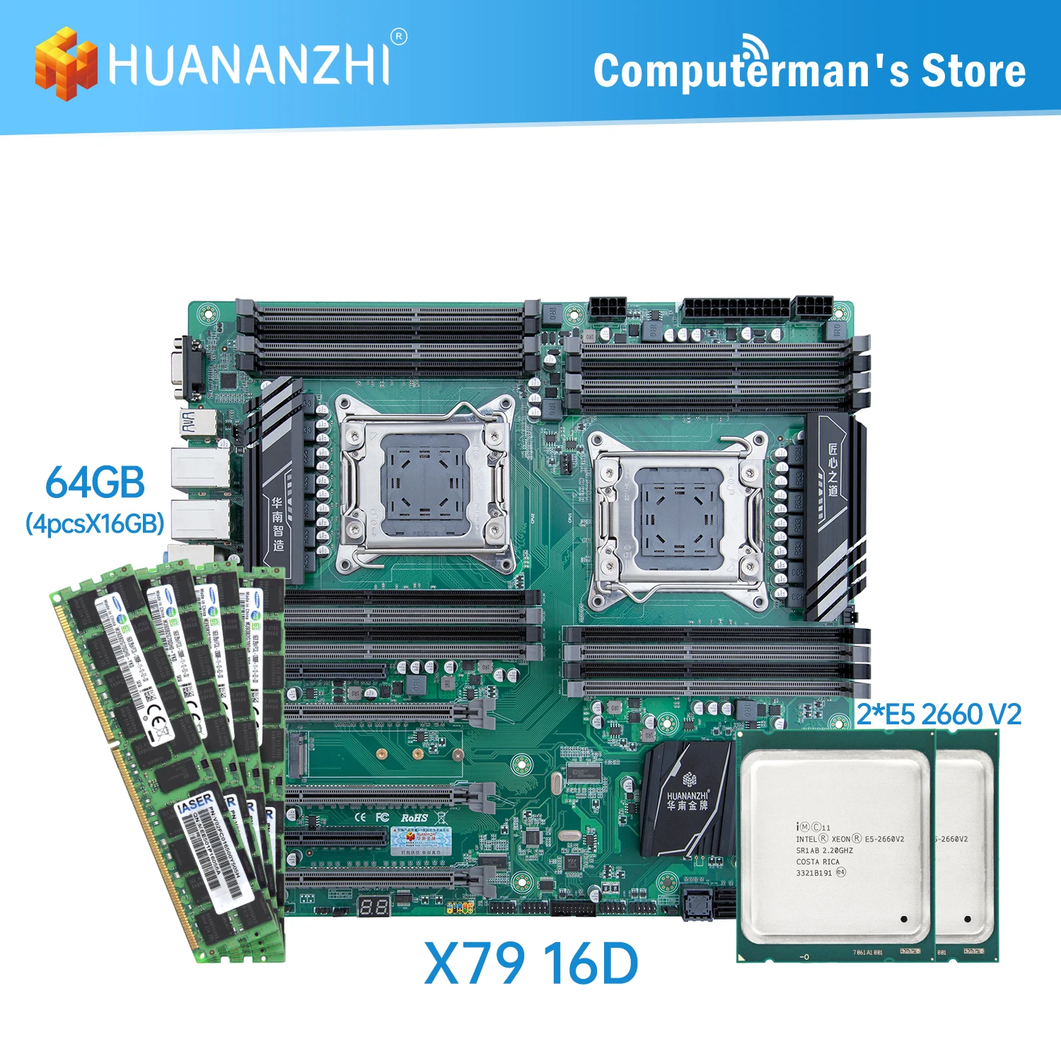 HUANANZHI X79 16D dual X79 motherboard with Intel XEON E5 2660 V2*2 with 4*16GB DDR3 RECC memory combo kit set NVME SATA USB 3.0
HUANANZHI X79 16D dual X79 motherboard with Intel XEON E5 2660 V2*2 with 4*16GB DDR3 RECC memory combo kit set NVME SATA USB 3.0