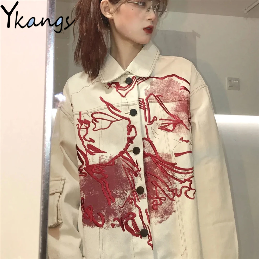 Abstract Pattern Embroidery Button Pockets White Jean Jackets Gothic Punk Hippie Women Denim Coat Streetwear Vintage Outwear Top 
Abstract Pattern Embroidery Button Pockets White Jean Jackets Gothic Punk Hippie Women Denim Coat Streetwear Vintage Outwear Top