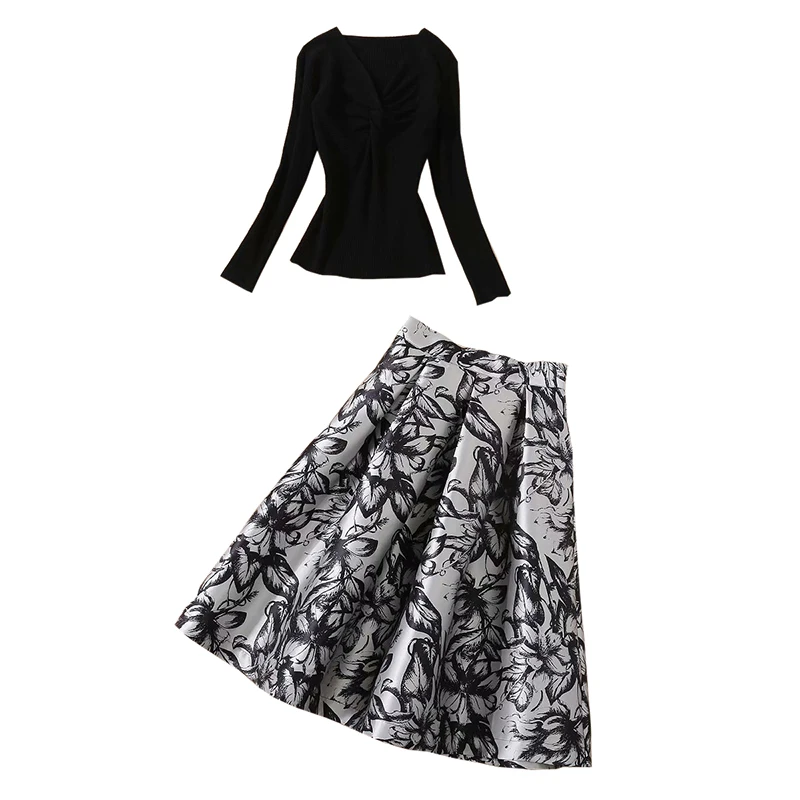 Fall/Winter Women Clothing Set V-neck Off The Shoulder Black Knitted Sweater Knitwear + Floral Print High Waist Skirt Ball Gown
Fall/Winter Women Clothing Set V-neck Off The Shoulder Black Knitted Sweater Knitwear + Floral Print High Waist Skirt Ball Gown