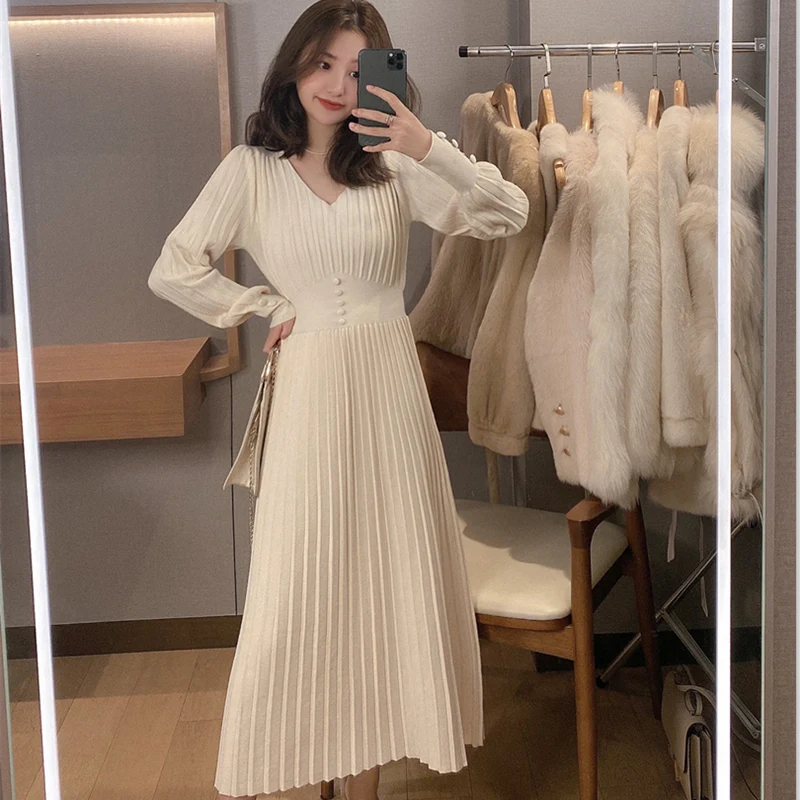 JSXDHK Elegant Women Knitted Dress Vintage Autumn Winter Lantern Sleeve V Neck Female Solid Color Pleated Midi Dress Vestidos
JSXDHK Elegant Women Knitted Dress Vintage Autumn Winter Lantern Sleeve V Neck Female Solid Color Pleated Midi Dress Vestidos